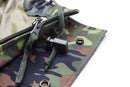 Close-up of Mil-Tec German army field jacket GoreTex Flecktarn camo waterproof zipper and drawstring detail