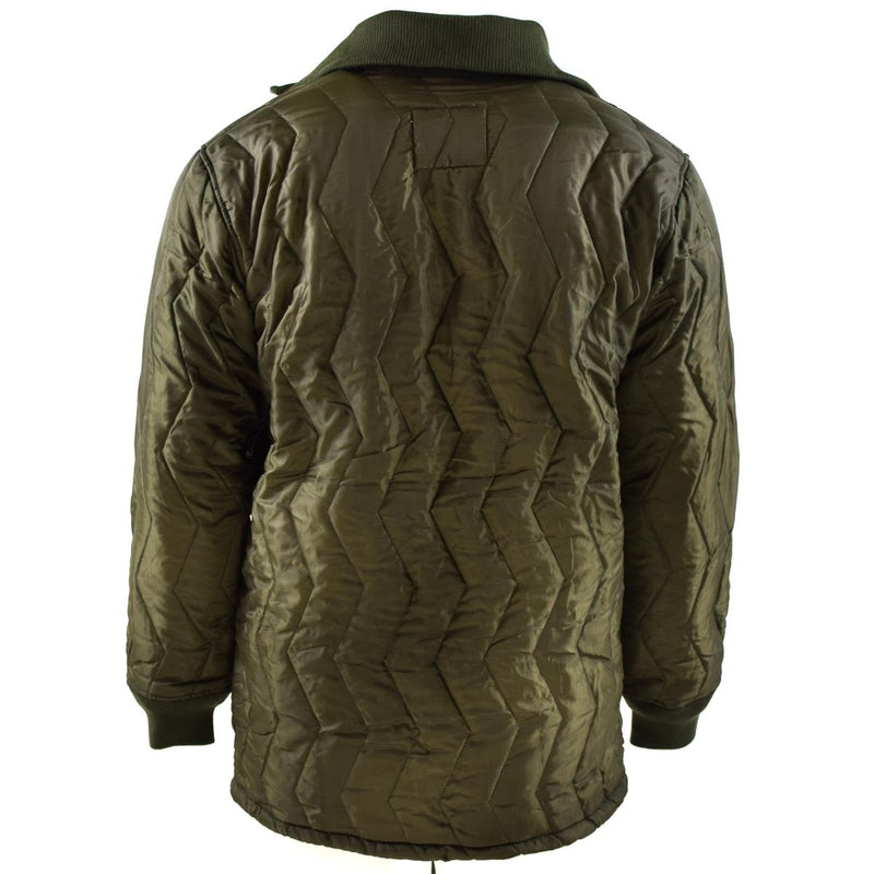 Back view of Mil-Tec German army quilted parka with insulated liner, folding knit collar and cuffs, olive green.