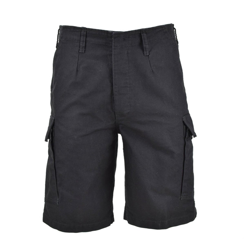 Black prewashed moleskin Bermuda shorts with cargo pockets, inspired by German Army style for rugged durability.