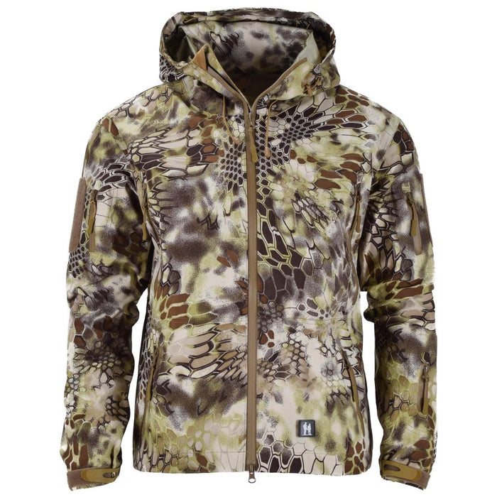 Mil-Tec MANDRA Camo wasserdichte Hardshelljacke für Herren mit verstellbarer Kapuze und mehreren Taschen.
