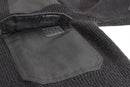 Close-up of black Mil-Tec German Bundeswehr sweater showing reinforced elbow pad and shoulder epaulet details