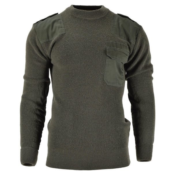 Mil-Tec olive green German Bundeswehr style wool commando jumper with reinforced shoulders and chest pocket.