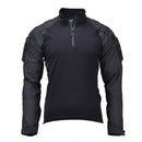 Mil-Tec black tactical combat shirt with padded elbows, attachment loops, half-zip front, and military-style design.