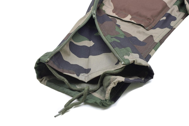 Close-up of Mil-Tec military style CCE camo commando BDU pants cuff with zipper and drawstring detail