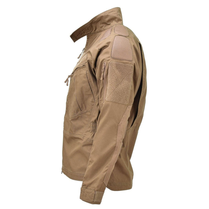 Side view of Mil-Tec coyote brown ripstop tactical combat jacket with zippered pockets and Velcro patches