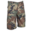 Mil-Tec military style woodland camouflage Bermuda cargo shorts with multiple pockets and durable fabric for outdoor use
