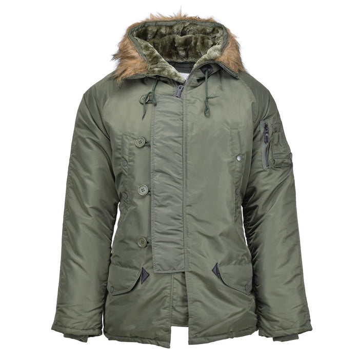Olivgrüner Fliegerparka N3B im US-Militärstil von MIL-TEC mit Kapuze aus Kunstfell und isoliertem Futter für kaltes Wetter