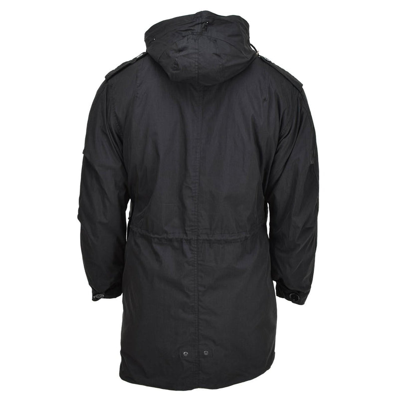 Back view of MIL-TEC black M51 military-style parka with hood and quilted liner for cold weather protection