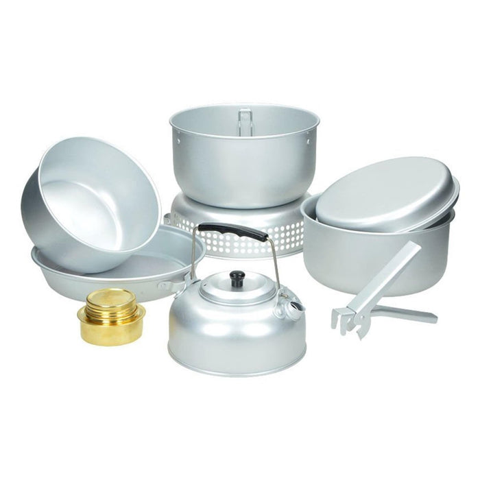 MIL-TEC Camping-Kochgeschirr-Set mit Aluminiumtöpfen, Pfannen, Wasserkocher, Alkoholbrenner und Utensil zum Kochen im Freien