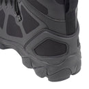 Close-up of the black MIL-TEC Chimera high duty combat boot heel with textured slip-resistant sole and reinforced fabric panels.