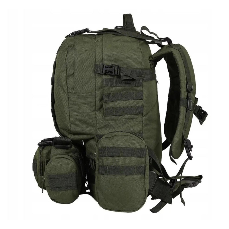 Olive green MIL-TEC tactical backpack with detachable belt, multiple compartments, and adjustable straps for outdoor use