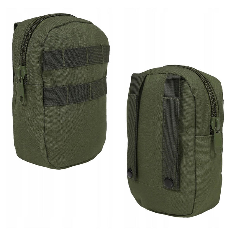 Olive green tactical pouch with zipper, MOLLE webbing, and dual strap attachments for backpack or belt use.