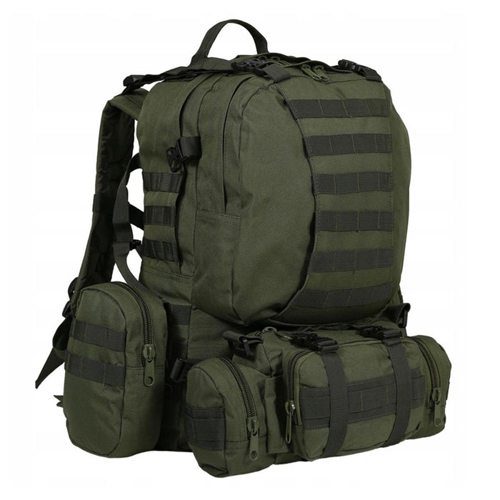 Olivgrüner taktischer Rucksack im Militärstil mit mehreren abnehmbaren Taschen und MOLLE-Gurtband für den vielseitigen Einsatz im Freien