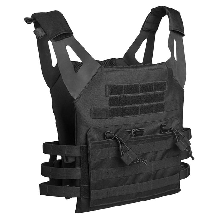 Schwarze MIL-TEC Gen II-Militärplattenträgerweste mit verstellbaren Trägern und MOLLE-Gurtband zur Befestigung taktischer Ausrüstung.