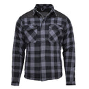 Black and gray plaid checkered MIL-TEC German Military lumberjack jacket with pockets and sturdy fabric for warmth and durability.