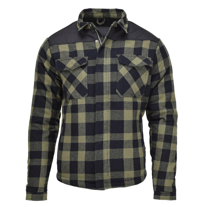 Schwarz-oliv karierte Holzfällerjacke mit strapazierfähigem Stoff und Reißverschluss vorne für Wärme und Outdoor-Einsatz