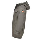 Side view of olive green MIL-TEC German military style parka with hood, storm flap, and German flag patch on sleeve.