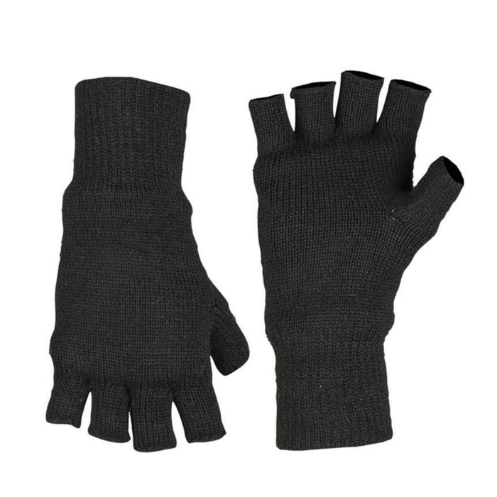 Schwarze fingerlose Handschuhe mit Thinsulate-Futter, konzipiert für Wärme und Fingerfertigkeit bei kaltem Wetter.