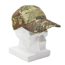 Military style camouflage base cap with adjustable strap and patch plate on mannequin head display