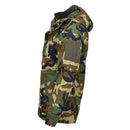MIL-TEC GEN II woodland camo soft shell parka with removable fleece liner and adjustable hood for winter outdoor use.