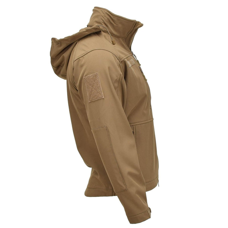 Side view of MIL-TEC military style soft shell jacket in dark coyote with hood and tactical design details