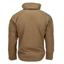 Back view of MIL-TEC soft shell tactical jacket in dark coyote with hood and durable, breathable fabric for outdoor use.