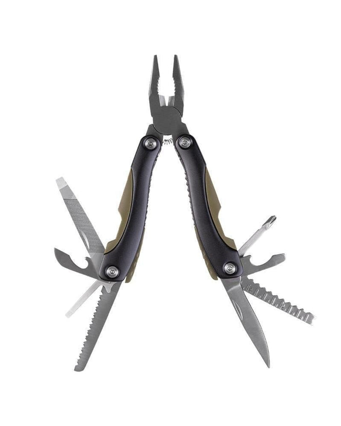 MIL-TEC-Multitool mit Gleitgelenk, einhändig klappbar, Griffen aus ABS-Aluminium und mehreren ausklappbaren Werkzeugen in den Farben Schwarz und Oliv