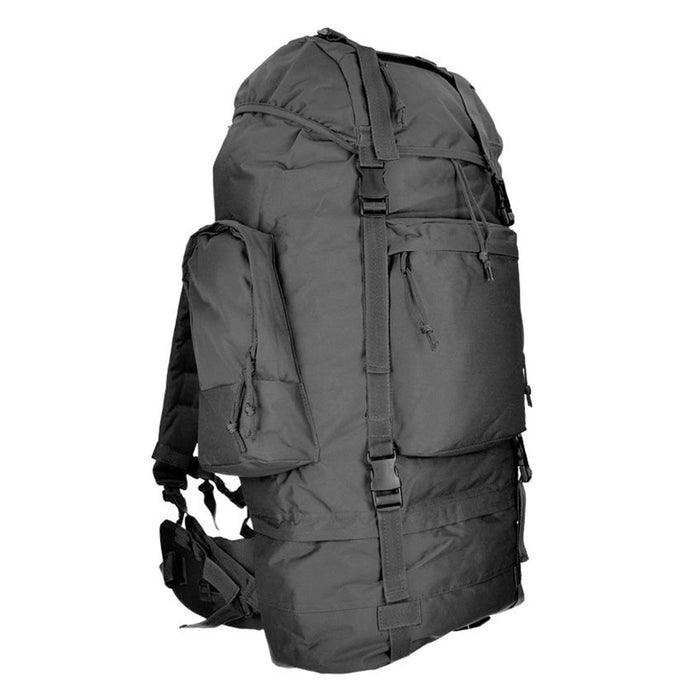 Schwarzer taktischer MIL-TEC RANGER-Rucksack mit mehreren Fächern, gepolsterten Trägern und MOLLE-Gurtband zum Wandern und Camping.