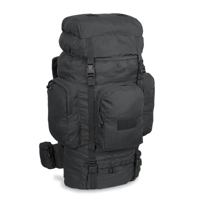 Schwarzer taktischer MIL-TEC RECOM-Rucksack mit mehreren Fächern und gepolsterten Trägern, ideal zum Wandern, Trekking und für den Einsatz im Freien.