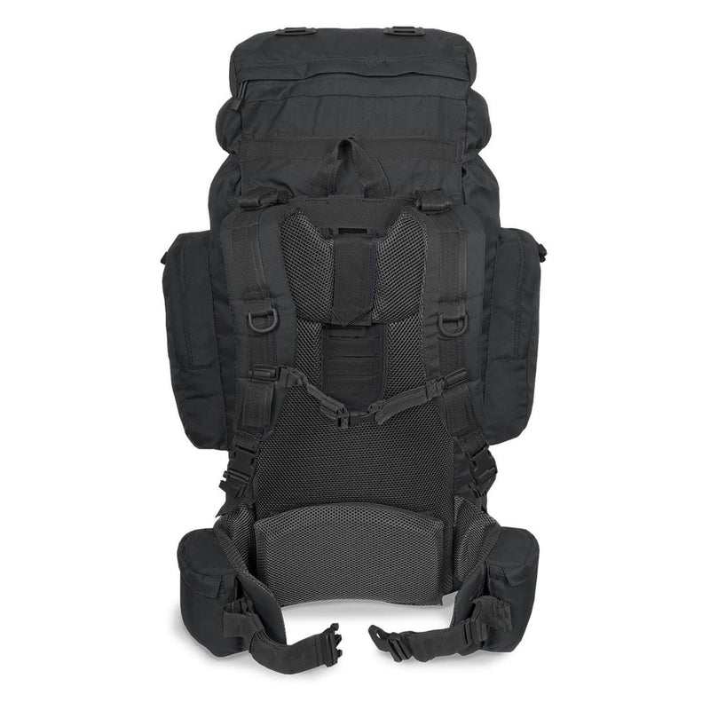 Back view of MIL-TEC RECOM 88L black tactical backpack with padded straps and multiple compartments.