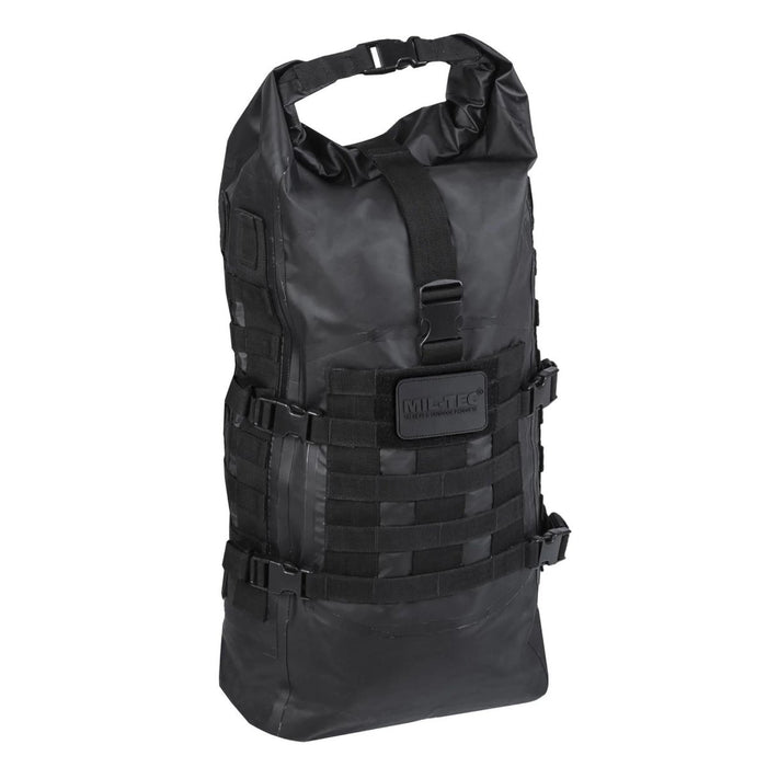 Schwarzer wasserdichter taktischer Rolltop-Rucksack von MIL-TEC SEALS mit 35 l Fassungsvermögen und MOLLE-Gurtbändern für den Einsatz im Freien.