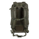 Back view of olive green MIL-TEC SEALS 35L waterproof tactical roll-up backpack with padded straps and mesh back panel