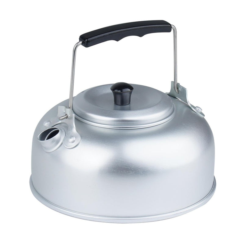 Lightweight 800ml aluminum camping teakettle with black handle and spout for outdoor tea brewing and hot water heating.