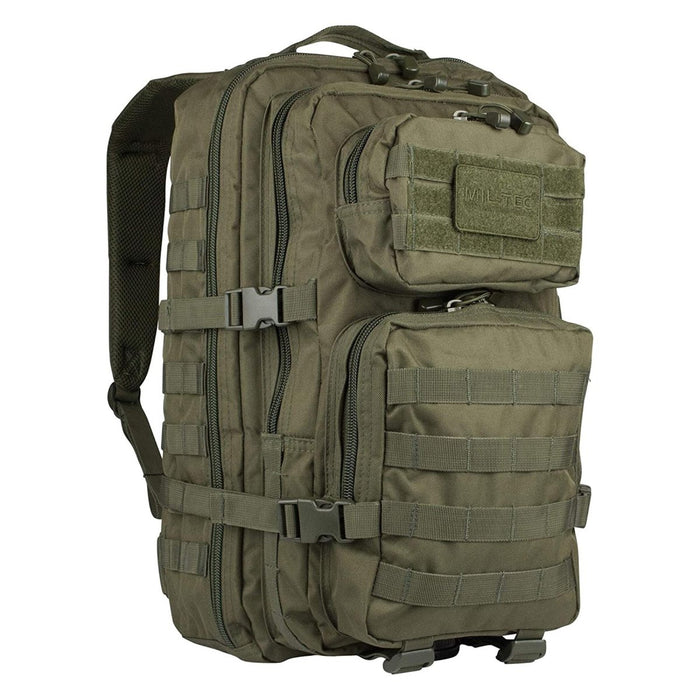 36L olivgrüner MIL-TEC US-Sturmrucksack mit mehreren Fächern, MOLLE-Befestigungen und gepolsterten Schultergurten zum Wandern.