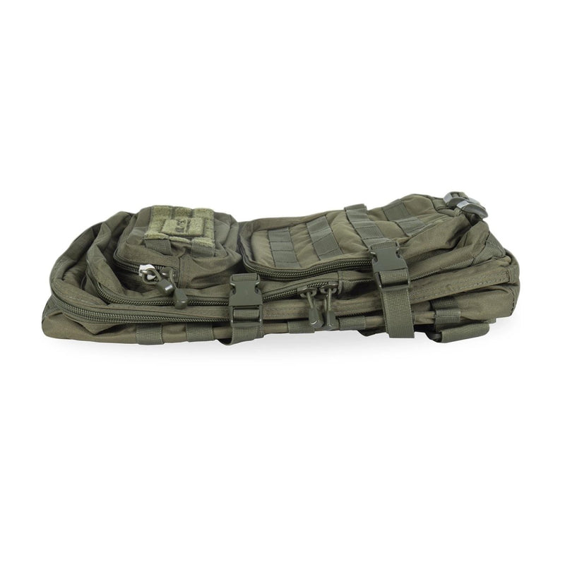 Folded olive green MIL-TEC US Assault 36L combat backpack with MOLLE straps and multiple compartments visible
