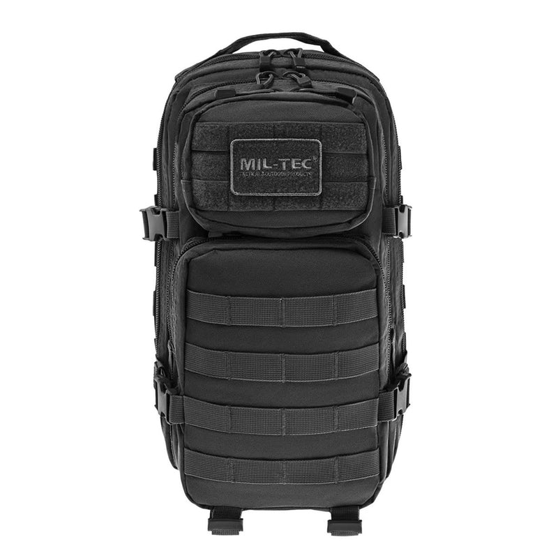 Black MIL-TEC U.S. Assault style tactical 20L backpack with multiple compartments and MOLLE attachment system