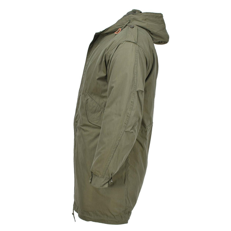 Side view of olive green MIL-TEC M51 hooded parka with quilted detachable liner, military style outerwear.