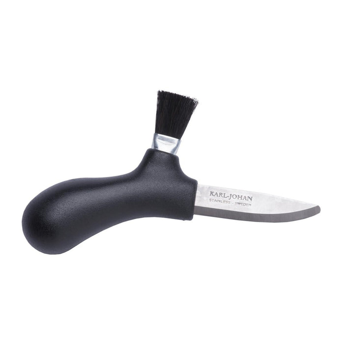 MORAKNIV Pilzsammelmesser mit schwarzem ergonomischem Griff, Klinge aus recyceltem Edelstahl und angebrachter Reinigungsbürste.
