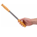 Hand holding MORAKNIV Wood Splitting Knife 220 with stainless steel blade and birch wood handles on white background