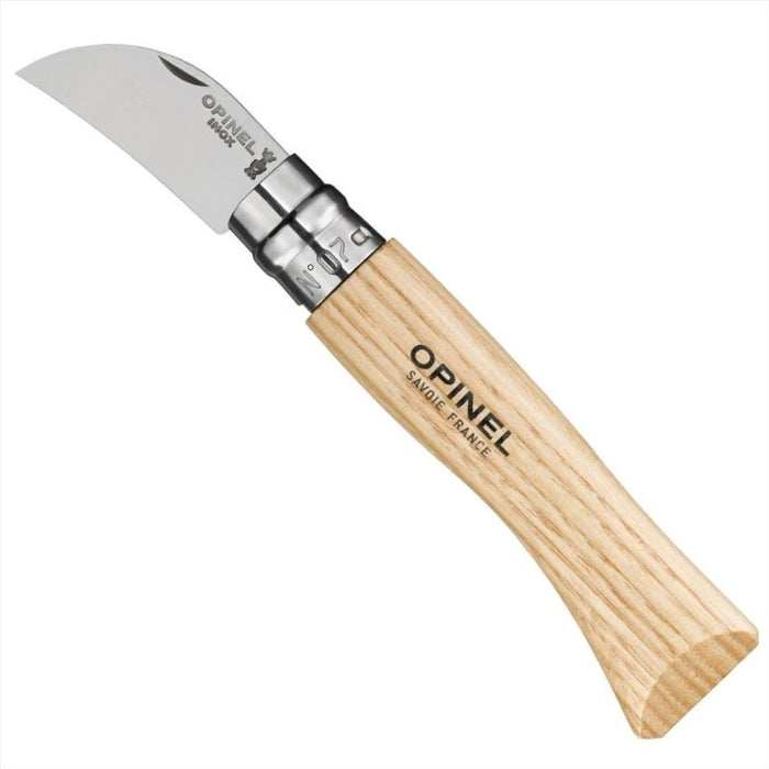 Opinel N°07 Klapptaschenmesser mit gebogener Klinge aus 12C27-Edelstahl und glattem Griff aus hellem Holz