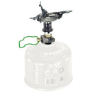 Compact foldable Optimus Crux camping stove attached to small gas canister for lightweight outdoor cooking and hiking trips