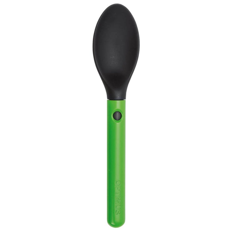 Lightweight black and green extendable camping spoon designed for hiking and backpacking use.