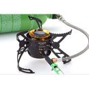 Optimus Nova compact multi-fuel stove with stable base and fuel hose, ideal for lightweight backpacking and outdoor cooking.