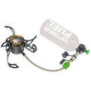 Compact Optimus Nova liquid fuel stove with adjustable flame control and foldable supports for stable outdoor cooking use.