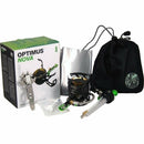 Compact Optimus Nova multi-fuel stove with pot, fuel bottle, and carrying pouch for lightweight outdoor cooking.