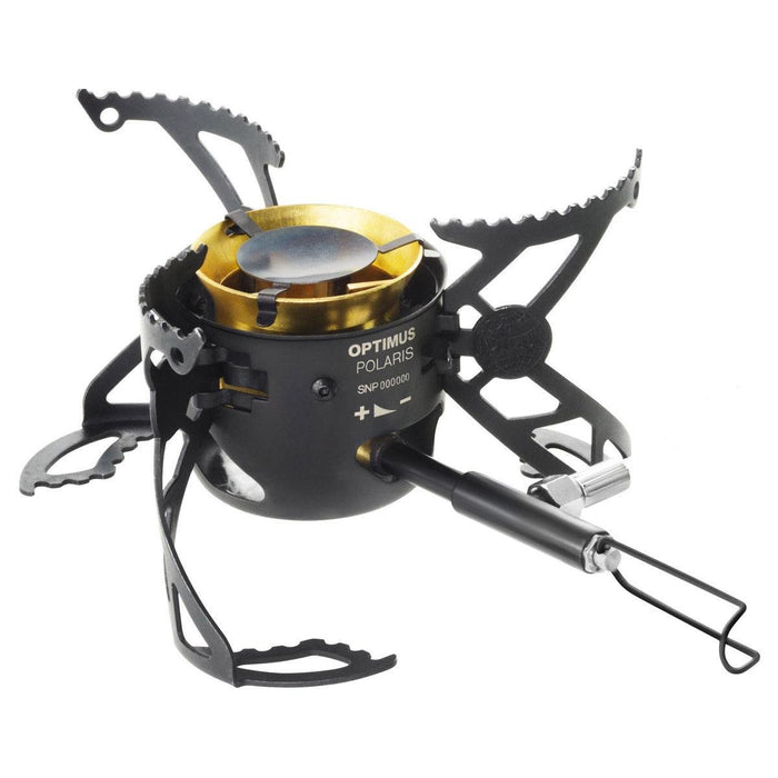 Optimus Polaris schwarzer Campingkocher mit klappbaren Beinen, Einzeldüse und einstellbarer Brennstoffkontrolle zum Kochen im Freien.