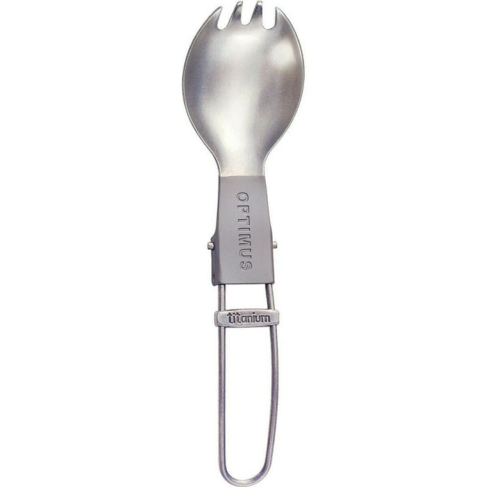 Gefalteter Göffel aus Titan, der Gabel und Löffel kombiniert, leicht und langlebig für den Einsatz beim Wandern und Camping.