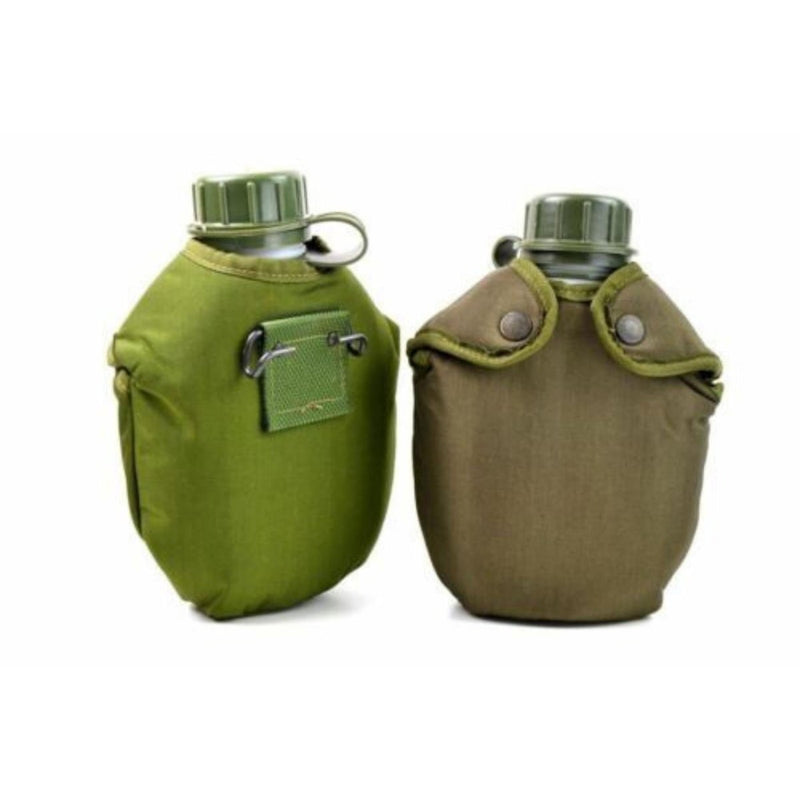 Original Norwegian military canteen water flasks in olive green and brown protective covers for outdoor use.