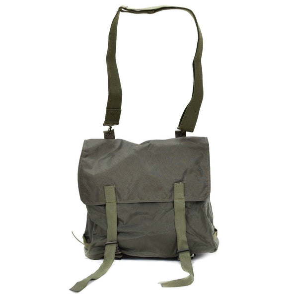 Original Austrian Army combat day pack in olive green with buckle closure and adjustable carrying strap