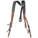 Original Austrian Army Y-Strap braces made of leather with metal clips and vintage military surplus design.